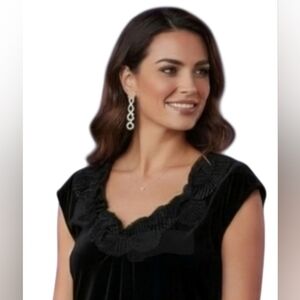Sunny Leigh Elegant Black Velvet Sleeveless Top Ruched Ruffle Neck Evening Small